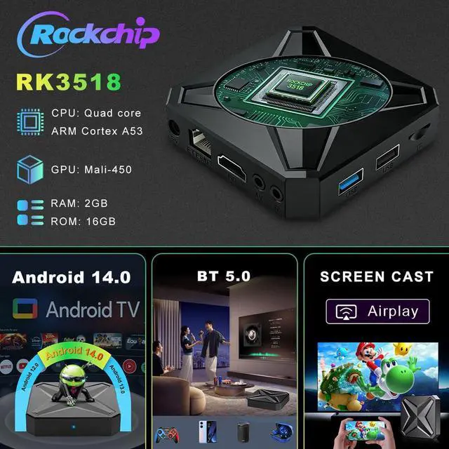 Alt view image 5 of 7 - Android 14.0 TV Box 2026, 2GB RAM + 16GB ROM,4K Ultra HD Streaming Device, Smart TV Box with Voice Control, 2.4G & 5G WiFi 6, BT 5.4, USB 3.0, 100M Ethernet, RK3518 Quad-core A53