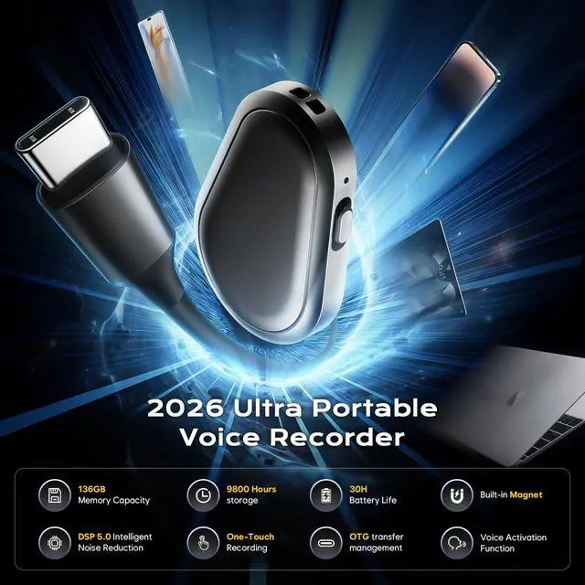 Alt view image 2 of 7 - 136GB Magnetic Voice Recorder - (9800Hours) Voice Activated Recorder with DSP5.0 Noise Cancellation HD Audio Recorder for Classes, Meeting, Lecture, Daily Use Recording Device