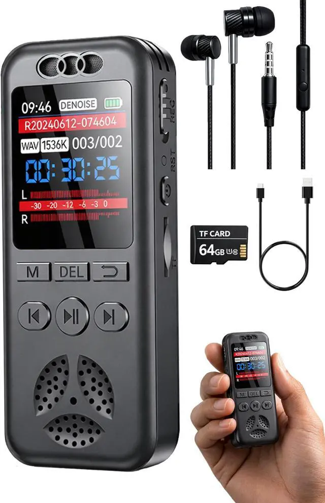 Main image of 64GB Digital Voice Recorder with Playback, Small Voice Activated Recorders, 1536Kbps Audio, 70dB Noise Reduction, A-B Repeat Recording Device Portable Mini for Lectures, Meetings, Interview etc