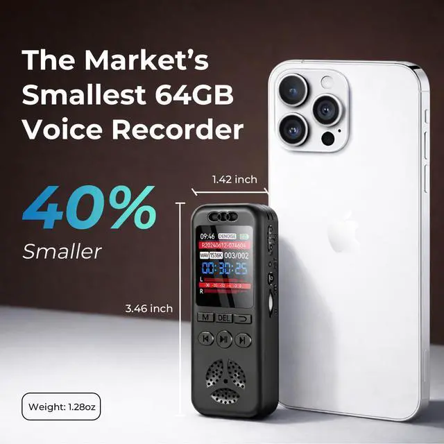 Alt view image 3 of 7 - 64GB Digital Voice Recorder with Playback, Small Voice Activated Recorders, 1536Kbps Audio, 70dB Noise Reduction, A-B Repeat Recording Device Portable Mini for Lectures, Meetings, Interview etc