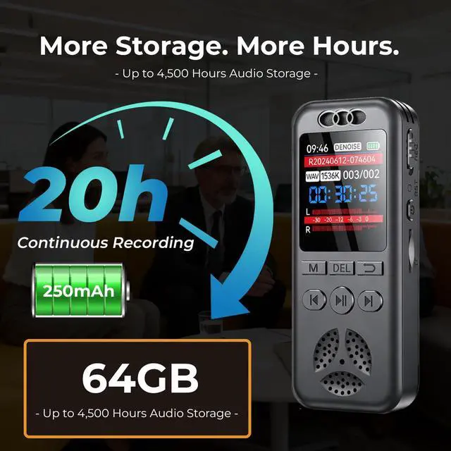 Alt view image 6 of 7 - 64GB Digital Voice Recorder with Playback, Small Voice Activated Recorders, 1536Kbps Audio, 70dB Noise Reduction, A-B Repeat Recording Device Portable Mini for Lectures, Meetings, Interview etc