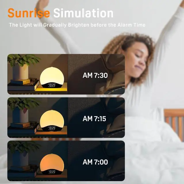 Alt view image 5 of 7 - Sunrise Alarm Clock for Bedrooms with White Noise Sound Machine, Wake Up Light Alarm Clocks for Heavy Sleepers & Kids, Dual Alarms, Nightlight, Sleep Timer, Bluetooth Speaker