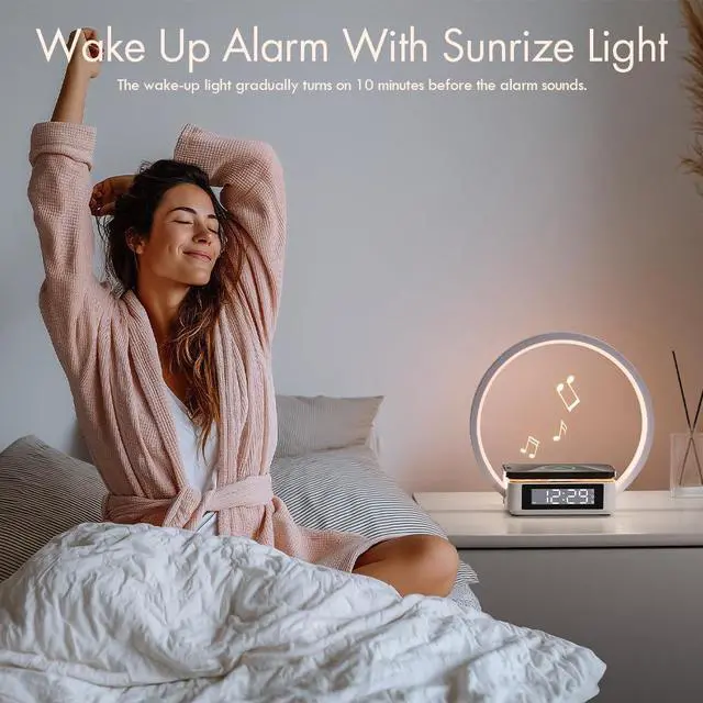 Alt view image 3 of 7 - Wireless Charging Station with Alarm Clock,Bedside Lamp with Sunrise Wake-Up Light,Wireless Phone Charger,Touch Table Lamp with 3 Brightness Levels,Idea Gifts for Women,Men,Teens,Adults
