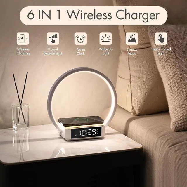 Alt view image 2 of 7 - Wireless Charging Station with Alarm Clock,Bedside Lamp with Sunrise Wake-Up Light,Wireless Phone Charger,Touch Table Lamp with 3 Brightness Levels,Idea Gifts for Women,Men,Teens,Adults