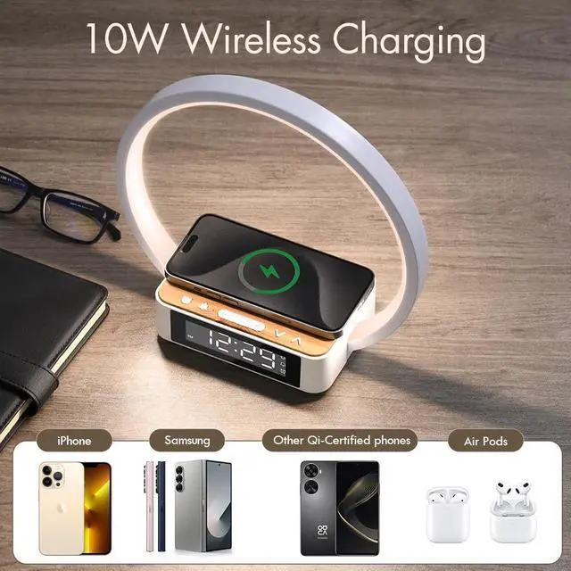 Alt view image 5 of 7 - Wireless Charging Station with Alarm Clock,Bedside Lamp with Sunrise Wake-Up Light,Wireless Phone Charger,Touch Table Lamp with 3 Brightness Levels,Idea Gifts for Women,Men,Teens,Adults