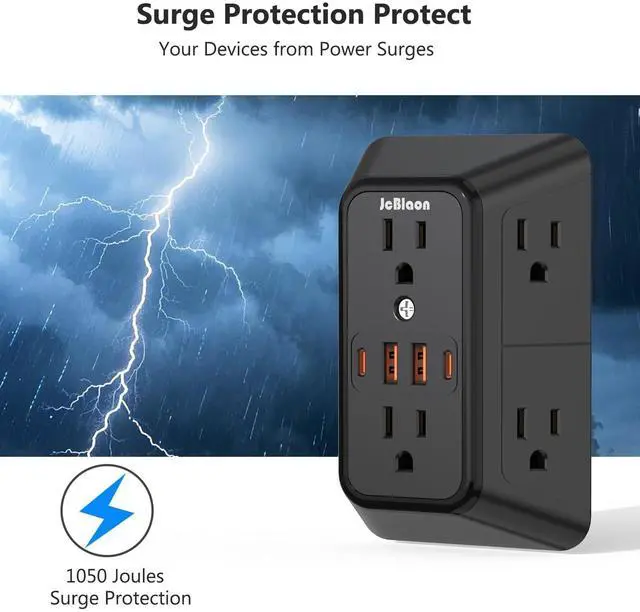 Alt view image 6 of 7 - Surge Protector Outlet Extender, 6 Outlet Extender with 4 USB Charging Ports (2 USB C), 3 Sided Multi Plug Wall Adapter for Home, Office, Travel-2 Pack,Black
