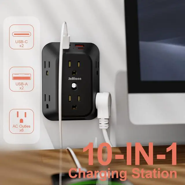 Alt view image 2 of 7 - USB Wall Charger Electrical Outlet Extender, Surge Protector, 6 Outlet Splitter with 4 USB Outlet (2USB A, 2USB C) 4-Sided 1050J Power Strip Multi Plug Adapter for Home Office Travel