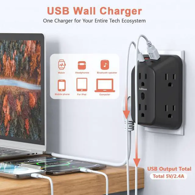 Alt view image 3 of 7 - USB Wall Charger Electrical Outlet Extender, Surge Protector, 6 Outlet Splitter with 4 USB Outlet (2USB A, 2USB C) 4-Sided 1050J Power Strip Multi Plug Adapter for Home Office Travel