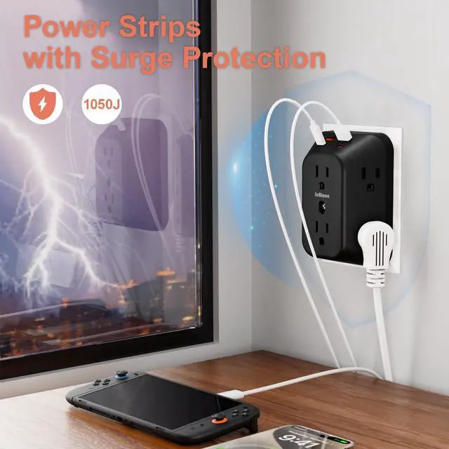 Alt view image 4 of 7 - USB Wall Charger Electrical Outlet Extender, Surge Protector, 6 Outlet Splitter with 4 USB Outlet (2USB A, 2USB C) 4-Sided 1050J Power Strip Multi Plug Adapter for Home Office Travel