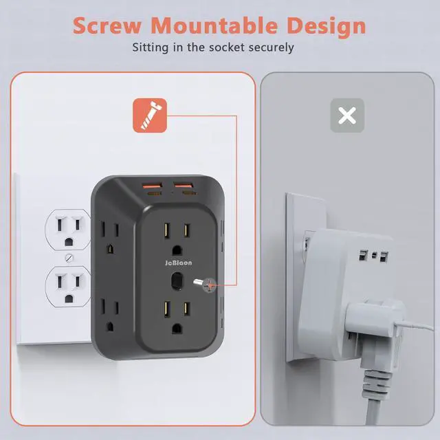 Alt view image 6 of 7 - USB Wall Charger Electrical Outlet Extender, Surge Protector, 6 Outlet Splitter with 4 USB Outlet (2USB A, 2USB C) 4-Sided 1050J Power Strip Multi Plug Adapter for Home Office Travel