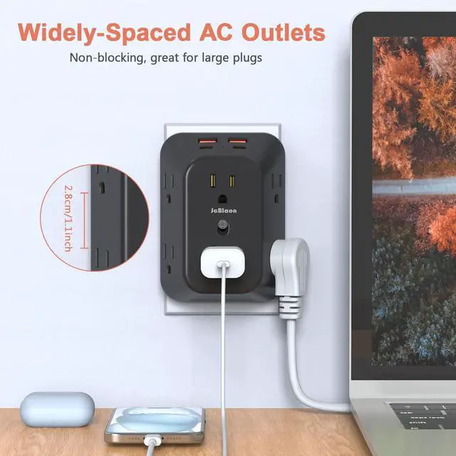 Alt view image 5 of 7 - USB Wall Charger Electrical Outlet Extender, Surge Protector, 6 Outlet Splitter with 4 USB Outlet (2USB A, 2USB C) 4-Sided 1050J Power Strip Multi Plug Adapter for Home Office Travel