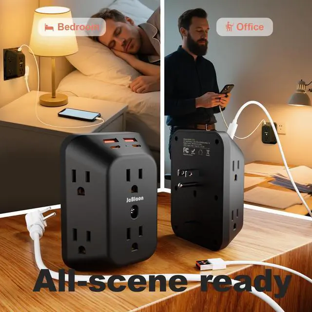Alt view image 7 of 7 - USB Wall Charger Electrical Outlet Extender, Surge Protector, 6 Outlet Splitter with 4 USB Outlet (2USB A, 2USB C) 4-Sided 1050J Power Strip Multi Plug Adapter for Home Office Travel