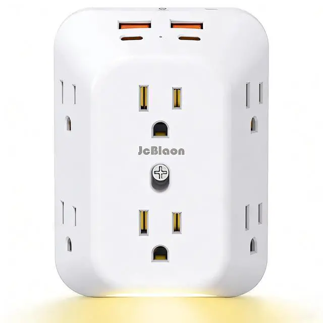 Main image of Outlet Extender Surge Protector, 6 Outlet Surge Protector Extender with 4 USB Ports (2 USB C) and Night Light, 1050J 4 Sided Multi Plug Wall Outlet for Home Office Dorm Essentials