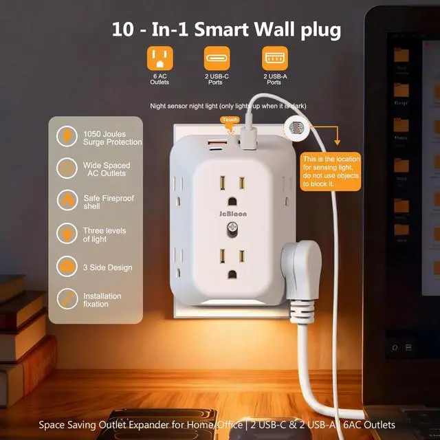 Alt view image 2 of 7 - Outlet Extender Surge Protector, 6 Outlet Surge Protector Extender with 4 USB Ports (2 USB C) and Night Light, 1050J 4 Sided Multi Plug Wall Outlet for Home Office Dorm Essentials