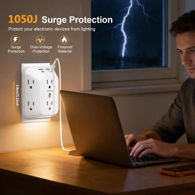 Alt view image 5 of 7 - Outlet Extender Surge Protector, 6 Outlet Surge Protector Extender with 4 USB Ports (2 USB C) and Night Light, 1050J 4 Sided Multi Plug Wall Outlet for Home Office Dorm Essentials