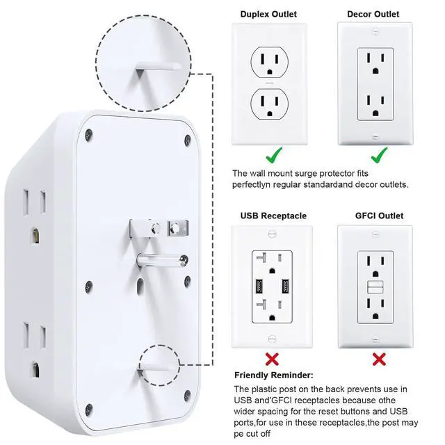 Alt view image 6 of 7 - Outlet Extender Surge Protector, 6 Outlet Surge Protector Extender with 4 USB Ports (2 USB C) and Night Light, 1050J 4 Sided Multi Plug Wall Outlet for Home Office Dorm Essentials