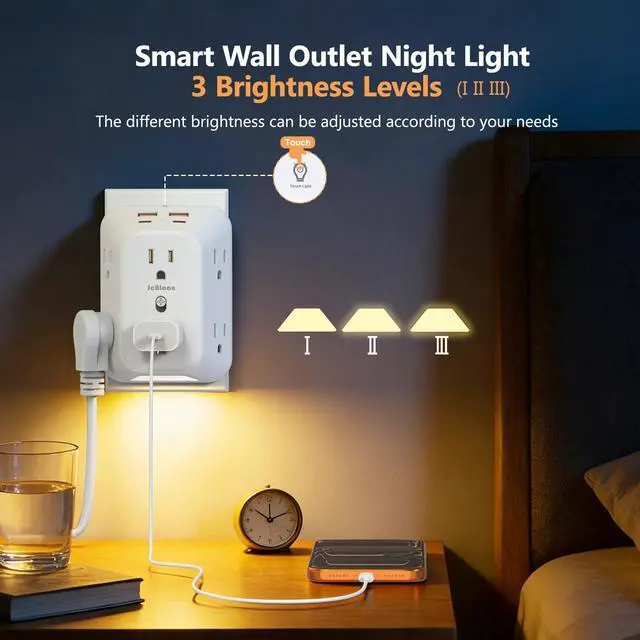 Alt view image 4 of 7 - Outlet Extender Surge Protector, 6 Outlet Surge Protector Extender with 4 USB Ports (2 USB C) and Night Light, 1050J 4 Sided Multi Plug Wall Outlet for Home Office Dorm Essentials