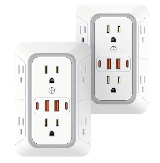 Main image of 2 Pack Outlet Extender Surge Protector, Power Plug Adapter, 6 Outlet Wall Plugs, Also Equipped with 2 USB A Ports and 2 USB C Ports, 3 Sided Charging Design, Suitable for Home, Travel, and Office
