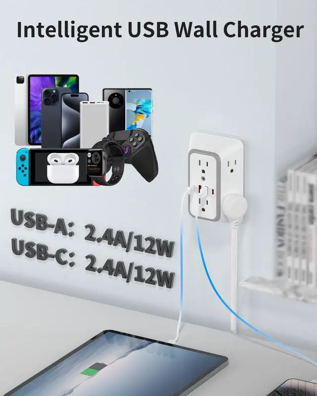 Alt view image 3 of 7 - 2 Pack Outlet Extender Surge Protector, Power Plug Adapter, 6 Outlet Wall Plugs, Also Equipped with 2 USB A Ports and 2 USB C Ports, 3 Sided Charging Design, Suitable for Home, Travel, and Office