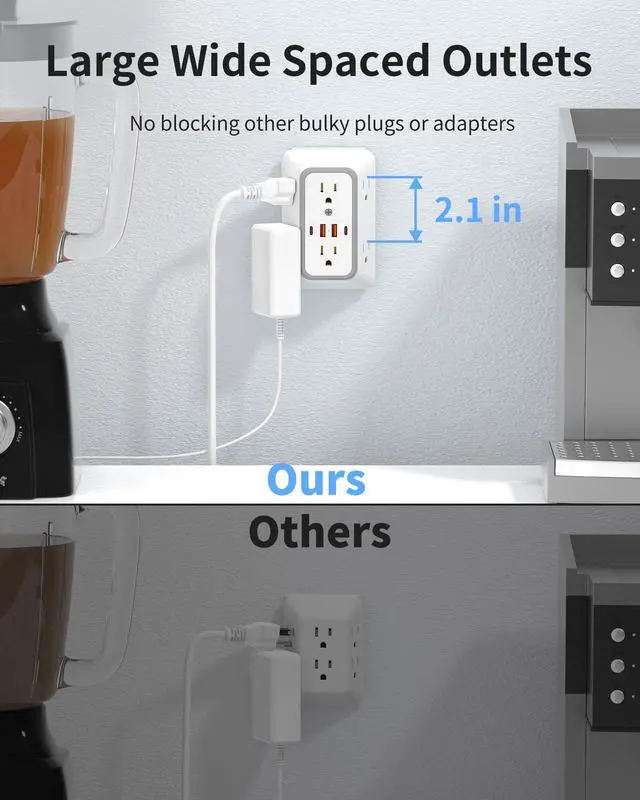 Alt view image 4 of 7 - 2 Pack Outlet Extender Surge Protector, Power Plug Adapter, 6 Outlet Wall Plugs, Also Equipped with 2 USB A Ports and 2 USB C Ports, 3 Sided Charging Design, Suitable for Home, Travel, and Office