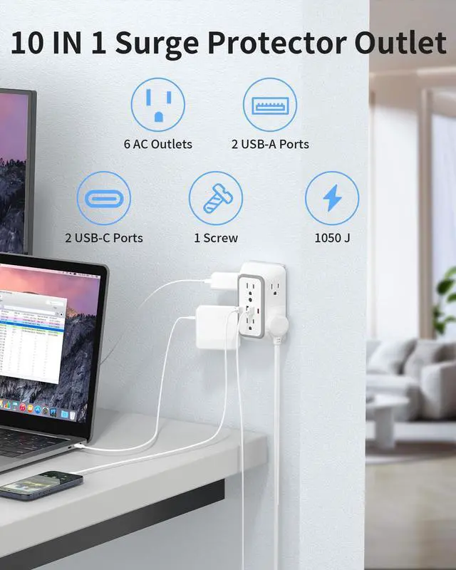 Alt view image 2 of 7 - 2 Pack Outlet Extender Surge Protector, Power Plug Adapter, 6 Outlet Wall Plugs, Also Equipped with 2 USB A Ports and 2 USB C Ports, 3 Sided Charging Design, Suitable for Home, Travel, and Office