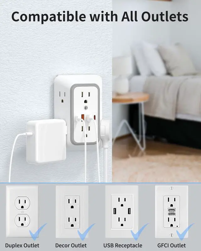 Alt view image 6 of 7 - 2 Pack Outlet Extender Surge Protector, Power Plug Adapter, 6 Outlet Wall Plugs, Also Equipped with 2 USB A Ports and 2 USB C Ports, 3 Sided Charging Design, Suitable for Home, Travel, and Office