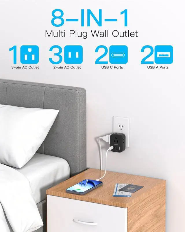 Alt view image 2 of 7 - Travel Cruise Ship Essentials, Multi Plug Wall Outlet Extender with 4 Outlets 4 USB (2 USB-C), Cruise Approved Power Strip Non Surge Protector, USB Wall Charger, Small USB Outlet Plug Adapter, Black