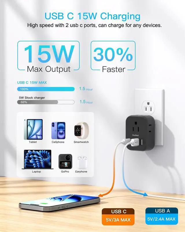 Alt view image 3 of 7 - Travel Cruise Ship Essentials, Multi Plug Wall Outlet Extender with 4 Outlets 4 USB (2 USB-C), Cruise Approved Power Strip Non Surge Protector, USB Wall Charger, Small USB Outlet Plug Adapter, Black