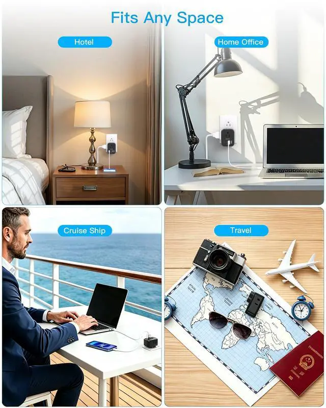 Alt view image 7 of 7 - Travel Cruise Ship Essentials, Multi Plug Wall Outlet Extender with 4 Outlets 4 USB (2 USB-C), Cruise Approved Power Strip Non Surge Protector, USB Wall Charger, Small USB Outlet Plug Adapter, Black