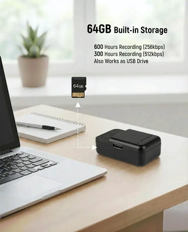Alt view image 5 of 7 - 64GB Thumb-Sized Voice Recorder - Mini & Hidden Recording Device, 600mAh Battery (30 Days Standby), Voice Activated Recorder with Noise Reduction for Meetings, Lectures, Interviews