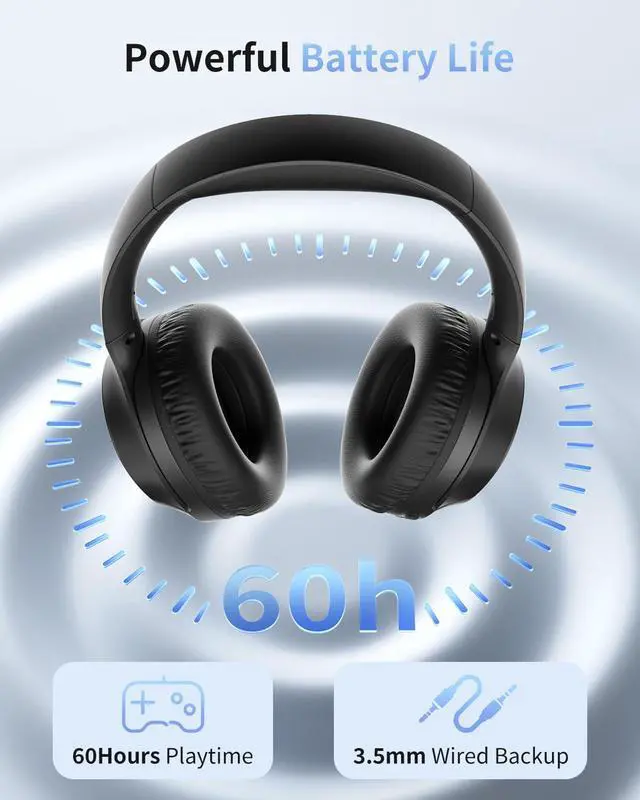 Alt view image 3 of 7 - HS7 Bluetooth Headphones Over Ear, 60H Playtime Wireless Headphones with Microphone, ENC Call Noise Cancelling Mic, Foldable Wireless Headset, Deep Bass for Home Office Cellphone PC
