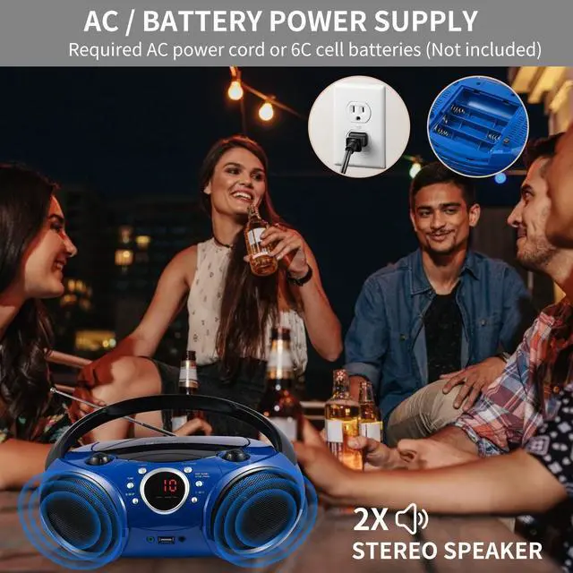 Alt view image 3 of 7 - Portable CD Player Boombox AM FM Radio, Bluetooth, USB Port CD-R/RW, MP3 CDs, 3.5mm Aux Input and Headphone Jack-Dual Power AC/Battery Stereo Sound System for Home & Outdoor (Blue)