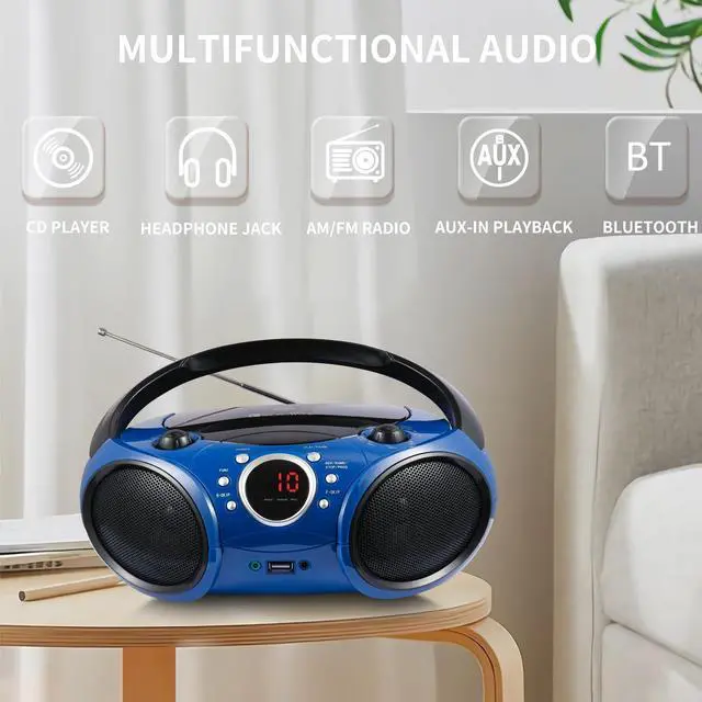 Alt view image 5 of 7 - Portable CD Player Boombox AM FM Radio, Bluetooth, USB Port CD-R/RW, MP3 CDs, 3.5mm Aux Input and Headphone Jack-Dual Power AC/Battery Stereo Sound System for Home & Outdoor (Blue)