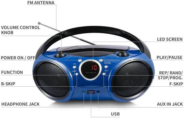 Alt view image 7 of 7 - Portable CD Player Boombox AM FM Radio, Bluetooth, USB Port CD-R/RW, MP3 CDs, 3.5mm Aux Input and Headphone Jack-Dual Power AC/Battery Stereo Sound System for Home & Outdoor (Blue)