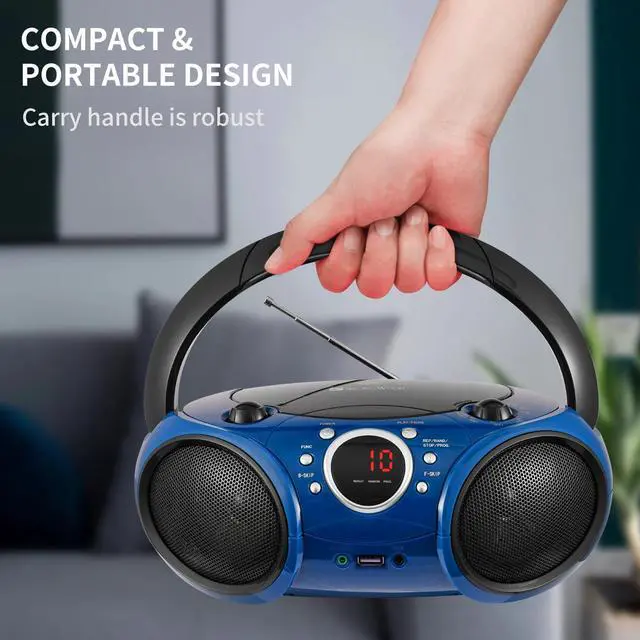 Alt view image 6 of 7 - Portable CD Player Boombox AM FM Radio, Bluetooth, USB Port CD-R/RW, MP3 CDs, 3.5mm Aux Input and Headphone Jack-Dual Power AC/Battery Stereo Sound System for Home & Outdoor (Blue)
