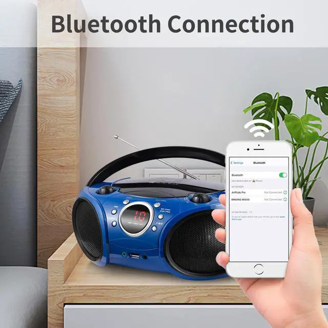 Alt view image 2 of 7 - Portable CD Player Boombox AM FM Radio, Bluetooth, USB Port CD-R/RW, MP3 CDs, 3.5mm Aux Input and Headphone Jack-Dual Power AC/Battery Stereo Sound System for Home & Outdoor (Blue)