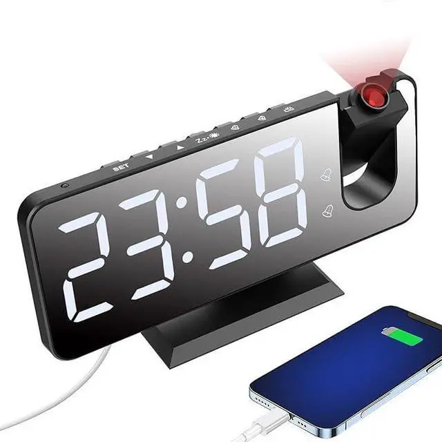 Main image of Projection Alarm Clock for Bedroom, Digital Alarm Clock with USB Charger, 7.4" Large LED Mirror Display Alarm Clock, Dual Smart Alarm with Projection on Ceiling, Black(No Temp Display)