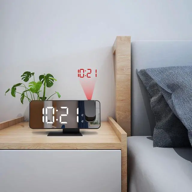 Alt view image 2 of 7 - Projection Alarm Clock for Bedroom, Digital Alarm Clock with USB Charger, 7.4" Large LED Mirror Display Alarm Clock, Dual Smart Alarm with Projection on Ceiling, Black(No Temp Display)