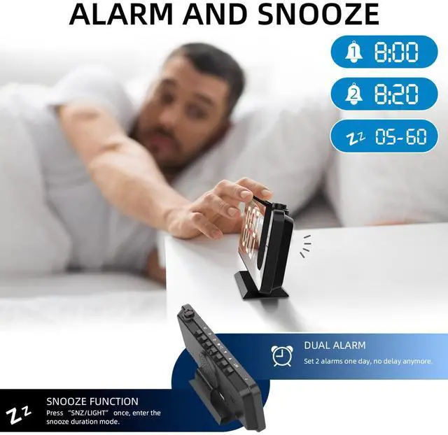 Alt view image 4 of 7 - Projection Alarm Clock for Bedroom, Digital Alarm Clock with USB Charger, 7.4" Large LED Mirror Display Alarm Clock, Dual Smart Alarm with Projection on Ceiling, Black(No Temp Display)