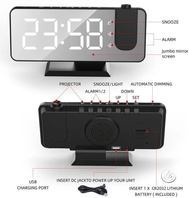 Alt view image 5 of 7 - Projection Alarm Clock for Bedroom, Digital Alarm Clock with USB Charger, 7.4" Large LED Mirror Display Alarm Clock, Dual Smart Alarm with Projection on Ceiling, Black(No Temp Display)