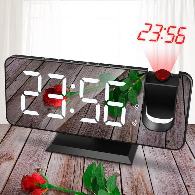 Alt view image 6 of 7 - Projection Alarm Clock for Bedroom, Digital Alarm Clock with USB Charger, 7.4" Large LED Mirror Display Alarm Clock, Dual Smart Alarm with Projection on Ceiling, Black(No Temp Display)