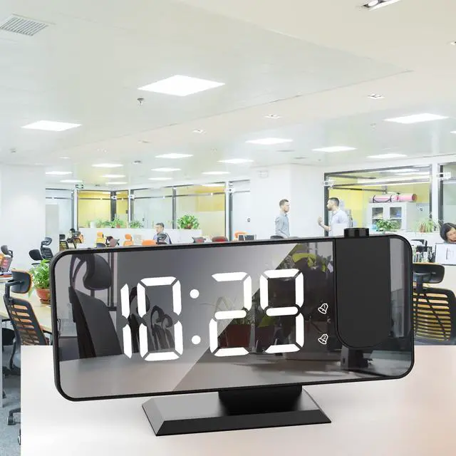 Alt view image 7 of 7 - Projection Alarm Clock for Bedroom, Digital Alarm Clock with USB Charger, 7.4" Large LED Mirror Display Alarm Clock, Dual Smart Alarm with Projection on Ceiling, Black(No Temp Display)