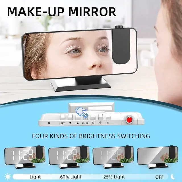 Alt view image 3 of 7 - Projection Alarm Clock for Bedroom, Digital Alarm Clock with USB Charger, 7.4" Large LED Mirror Display Alarm Clock, Dual Smart Alarm with Projection on Ceiling, Black(No Temp Display)