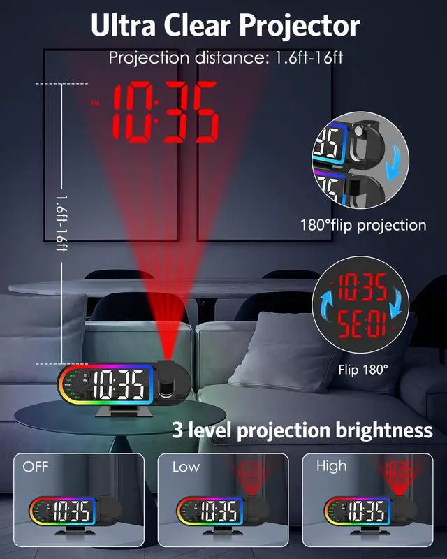 Alt view image 3 of 7 - Projection Alarm Clock for Bedroom Ceiling 8.5" Large Display, 4-Level Brightness, USB Powered, Snooze & Night Mode, Alarm Clock with Projector for Wall or Ceiling Use