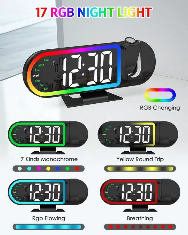 Alt view image 4 of 7 - Projection Alarm Clock for Bedroom Ceiling 8.5" Large Display, 4-Level Brightness, USB Powered, Snooze & Night Mode, Alarm Clock with Projector for Wall or Ceiling Use