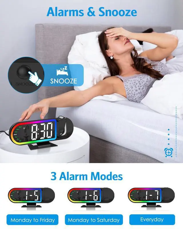 Alt view image 6 of 7 - Projection Alarm Clock for Bedroom Ceiling 8.5" Large Display, 4-Level Brightness, USB Powered, Snooze & Night Mode, Alarm Clock with Projector for Wall or Ceiling Use