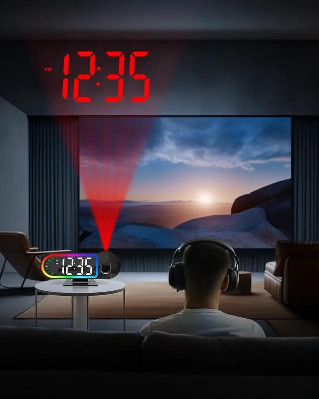 Alt view image 7 of 7 - Projection Alarm Clock for Bedroom Ceiling 8.5" Large Display, 4-Level Brightness, USB Powered, Snooze & Night Mode, Alarm Clock with Projector for Wall or Ceiling Use