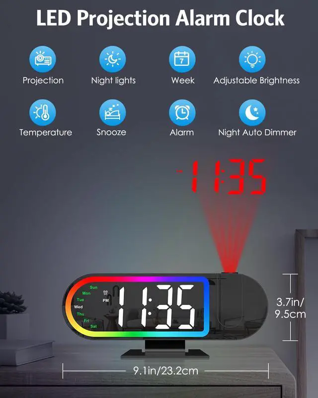 Alt view image 2 of 7 - Projection Alarm Clock for Bedroom Ceiling 8.5" Large Display, 4-Level Brightness, USB Powered, Snooze & Night Mode, Alarm Clock with Projector for Wall or Ceiling Use