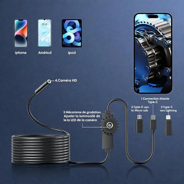 Alt view image 3 of 6 - Endoscope Camera with Light, 1920P HD Borescope Camera with 8 Adjustable LED, 16.4FT Semi-Rigid Snake, IP67 Waterproof 8mm Inspection for iOS and Android (Single-Lens)