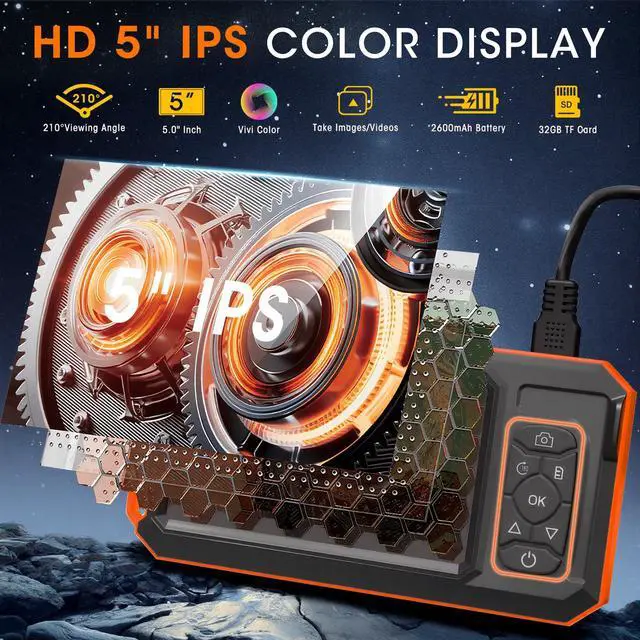 Alt view image 4 of 7 - Endoscope Camera with Light, 5" IPS 1920P HD Borescope with Triple Lens, Inspection Borescope with 16.4FT Semi-Rigid Snake Cable and 32GB Card, IP67 Waterproof Drain Camera for Sewer/Pipe/Automotive